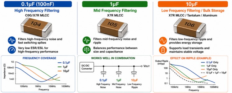 Roles of 0.1µF, 1µF, and 10µF Capacitors in Power Filtering